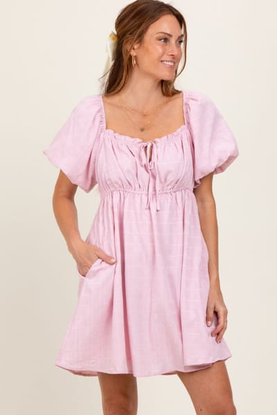 In February Pink Textured Bubble Sleeve Maternity Mini Dress