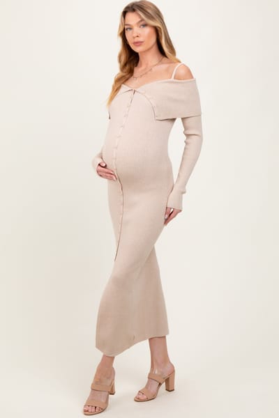 PinkBlush Beige Off Shoulder Long Cardigan Maternity Maxi Dress