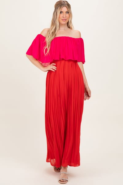 Dress Day Red Pleated Off Shoulder Colorblock Maxi Dress