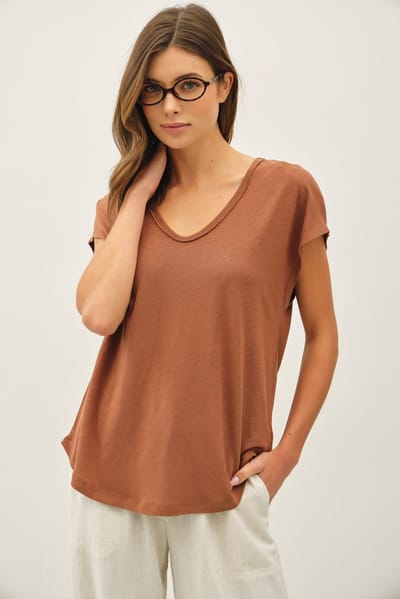 Be Cool Dark Camel V-Neck Top