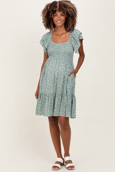 Elloh Light Olive Floral Smocked Flutter Sleeve Maternity Dress