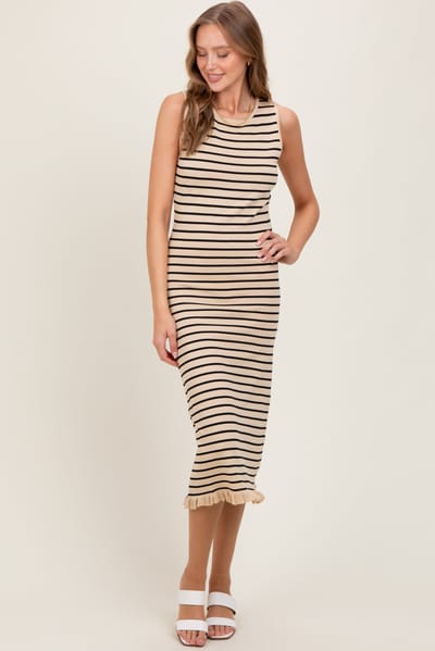 So Me Beige Striped Knit Sleeveless Ruffle Hem Midi Dress