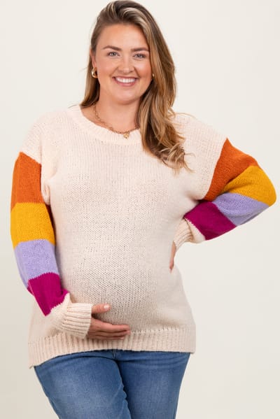 Haptics Cream Colorblock Sleeve Maternity Plus Sweater