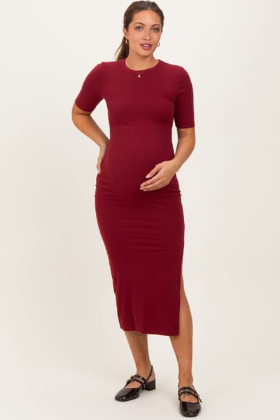 Shop Iris Basic Burgundy Ruched Side Slit Maternity Midi Dress