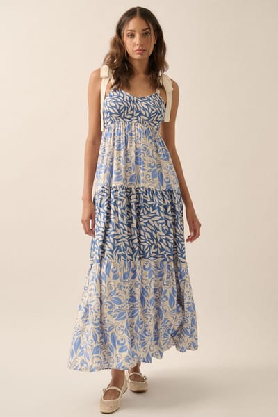 Promesa Blue Leaf Print Smocked Shoulder Tie Tiered Maxi Dress