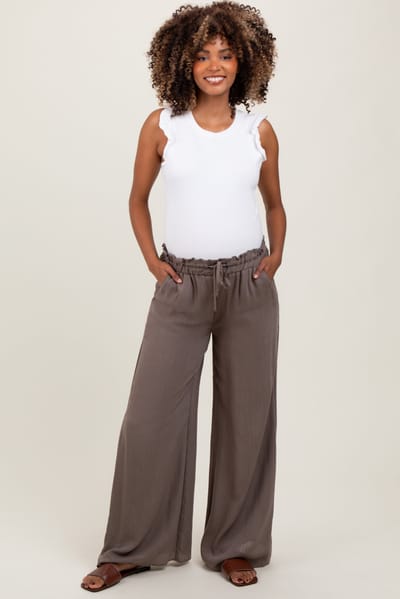 Final Touch Mocha Ruffled Drawstring Waist Wide Leg Maternity Pants