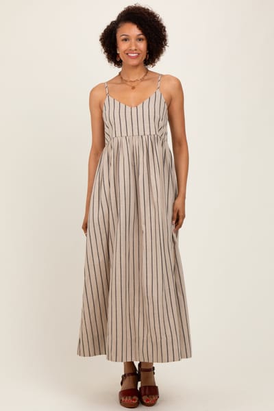 MIOU MUSE Beige Striped Linen Blend Maxi Dress