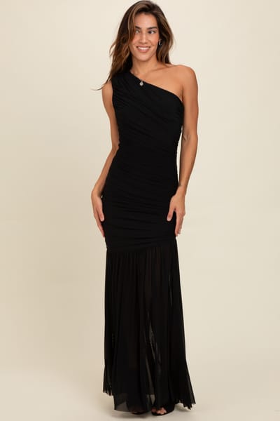 Cameo Black Ruched Mesh One Shoulder Maxi Dress