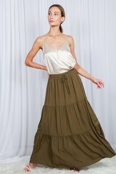 Vine & Love Olive Drawstring Tiered Maxi Skirt