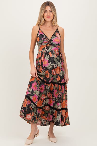 PinkBlush Black Floral Twisted Front Lace Detail Maternity Maxi Dress