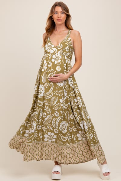 In Loom Olive Floral Crisscross Back Cutout Maternity Maxi Dress