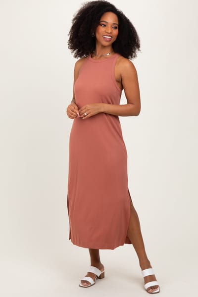 Umgee Rust Sleeveless Side Slit Midi Dress