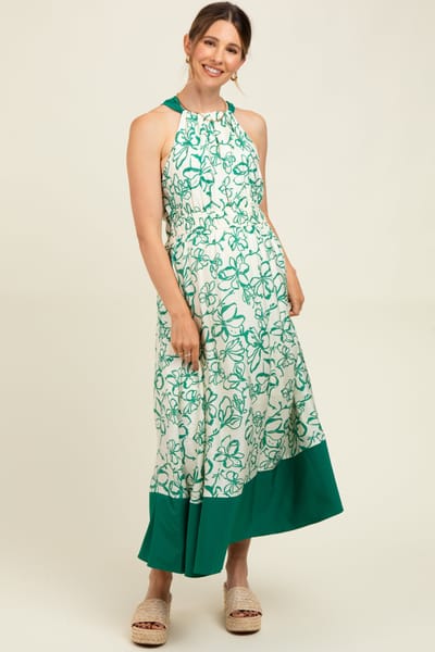 Entro Green Floral Bow Tie Sleeveless Maternity Midi Dress