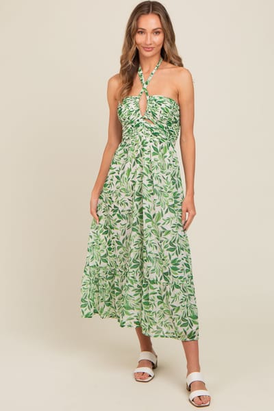 Allie Rose by Ember Green Leaf Print Halter Keyhole Midi Dress