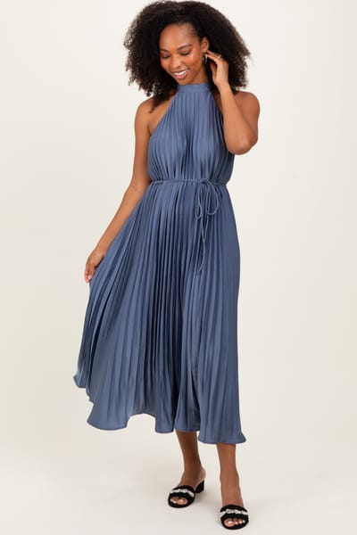 Rosevelvet Navy Blue Pleated Halter Dress