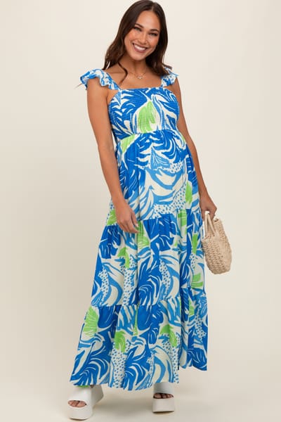 Flying Tomato Blue Leaf Print Smocked Maternity Maxi Dress