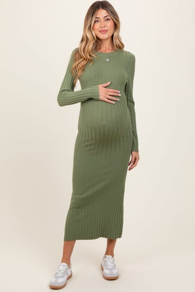 PinkBlush Olive Ribbed Knit Fitted Maternity Midi Sweater Dress