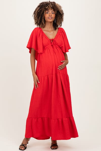 Rhea + Thea Red Woven Textured Flutter Sleeve V-Neck Tiered Maternity Maxi Dress