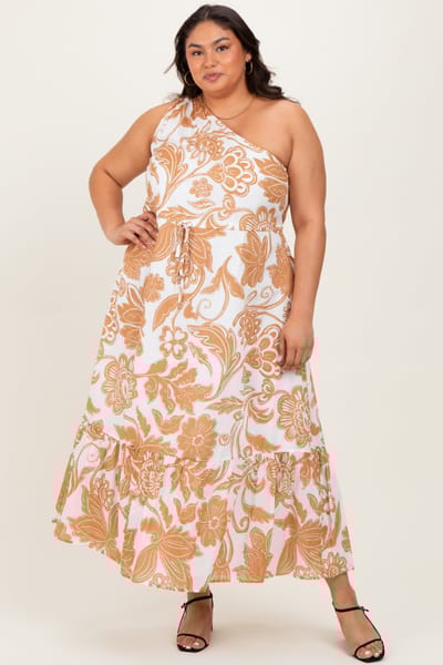 Sugarlips Camel Floral One Shoulder Plus Maxi Dress