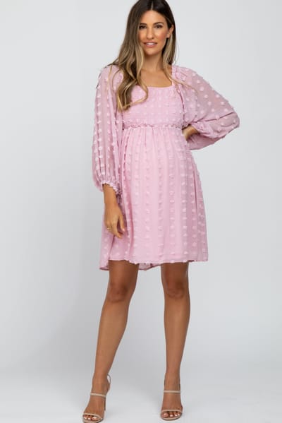 Listicle Pink Textured Dot Smocked Square Neck Chiffon Maternity Dress