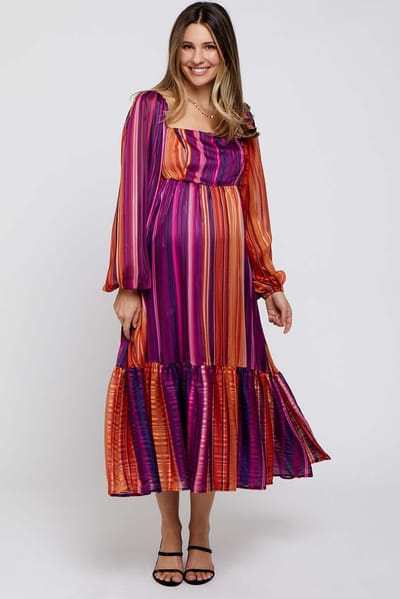 PinkBlush Plum Striped Maternity Midi Dress