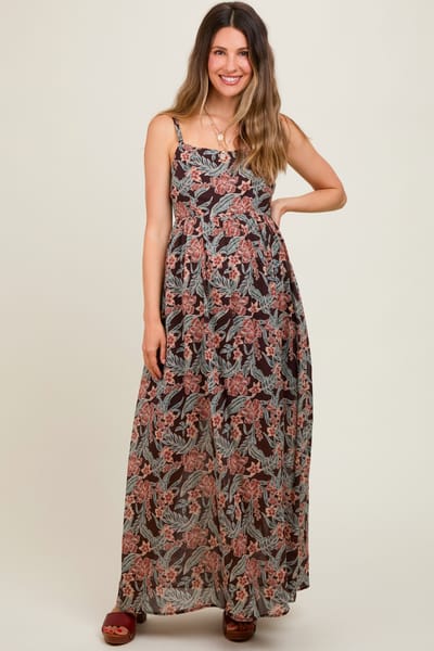 PinkBlush Brown Floral Lightweight Sleeveless Maternity Dress