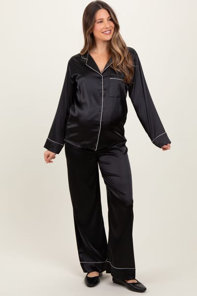 Zenana Outfitters Black Satin Contrast Trim Long Sleeve Maternity Pajama Set