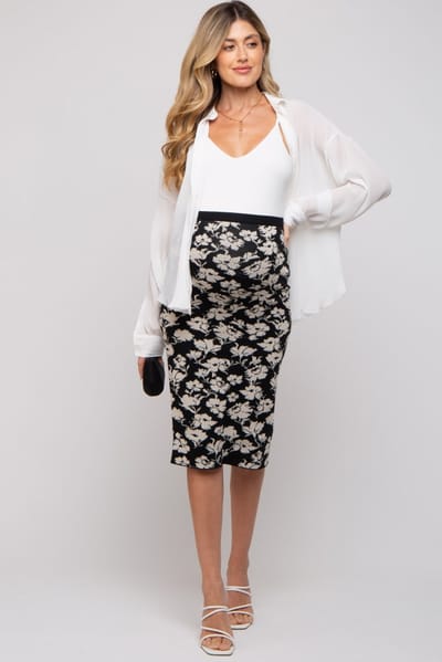 PinkBlush Black Floral Knit Maternity Midi Skirt