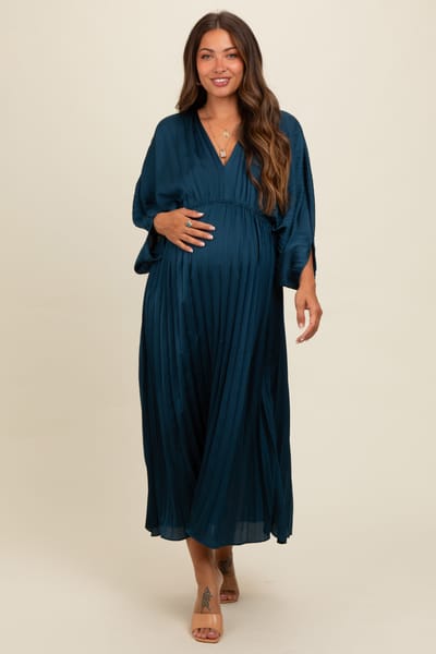 Dress Day Teal Satin Pleated V-Neck Maternity Maxi Dress