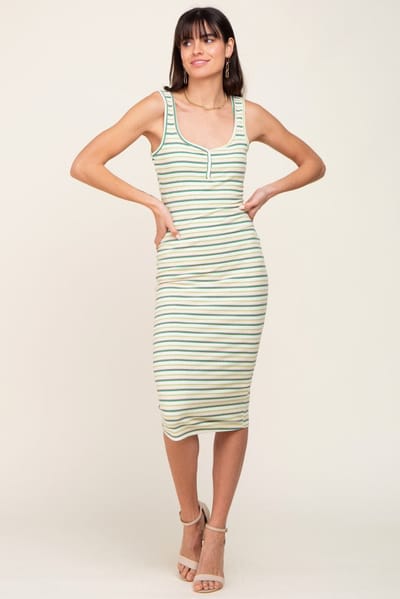Endless Blu Green Striped Ribbed Fitted Midi Dress