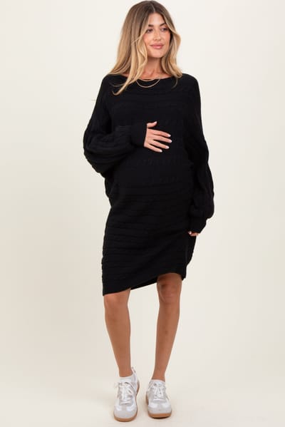Vine & Love Black Cable Knit Dolman Sleeve Maternity Sweater Mini Dress