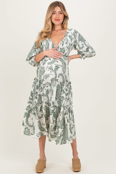 Dress Day Olive Damask Smocked Ruffle Tier Maternity Midi Dresses
