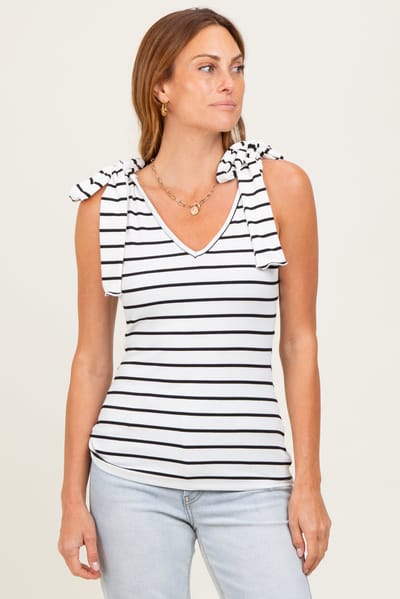 Rhea + Thea Ivory/Black Striped Ribbed V-Neck Shoulder Tie Sleeveless Top
