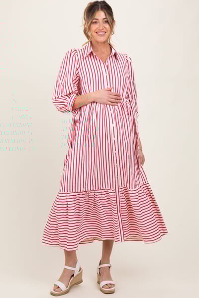 PinkBlush Red Striped Collar Maternity Maxi Dress