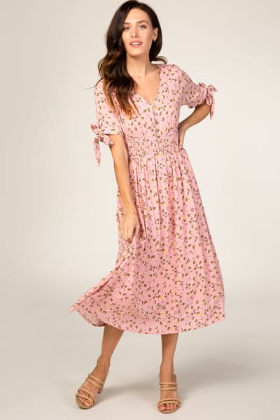 Reborn J Pink Floral Tie Sleeve Midi Dress