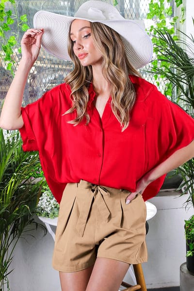 Vine & Love Red Dolman Sleeve Button Down Blouse