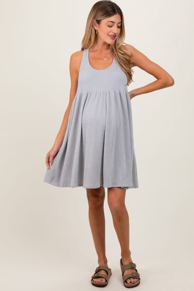 Rhea + Thea Heather Grey Ribbed Sleeveless Open Back Maternity Midi Dress