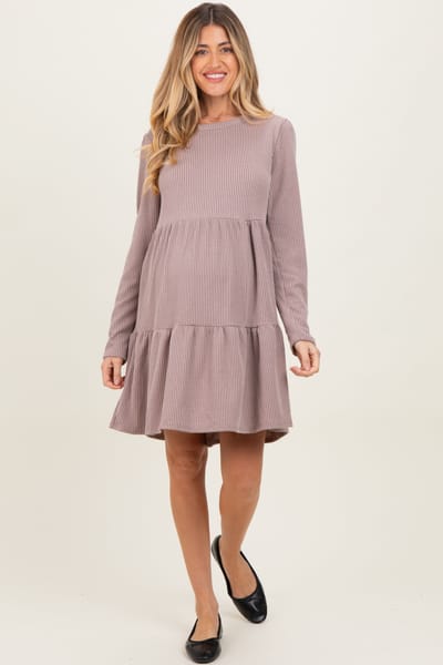 PinkBlush Mauve Textured Rib Tiered Long Sleeve Maternity Dress