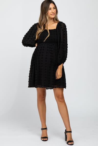 Listicle Black Textured Dot Smocked Square Neck Chiffon Maternity Dress