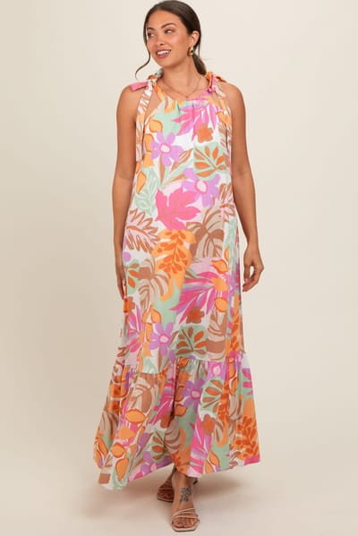 PinkBlush Pink Floral Shoulder Tie Empire Maternity Maxi Dress