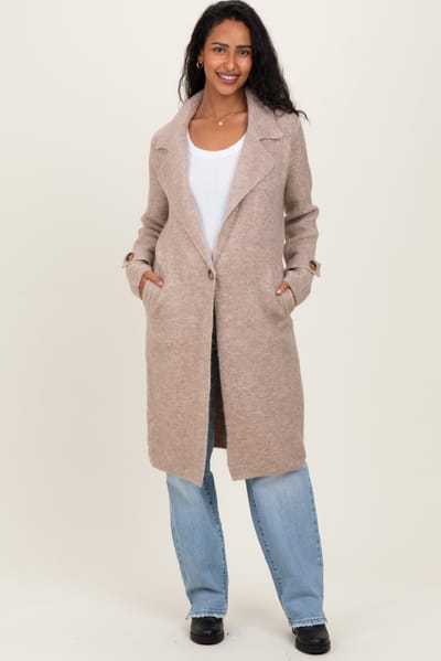 PinkBlush Beige Knit Long Maternity Sweater Coat