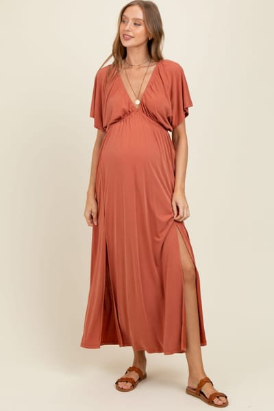 PinkBlush Rust V-Neck Flutter Sleeve Side Slit Maternity Maxi Dress