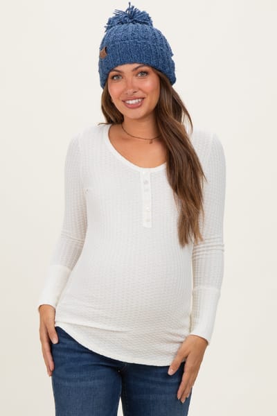 7th Ray Cream Waffle Rib Knit Maternity Henley Top