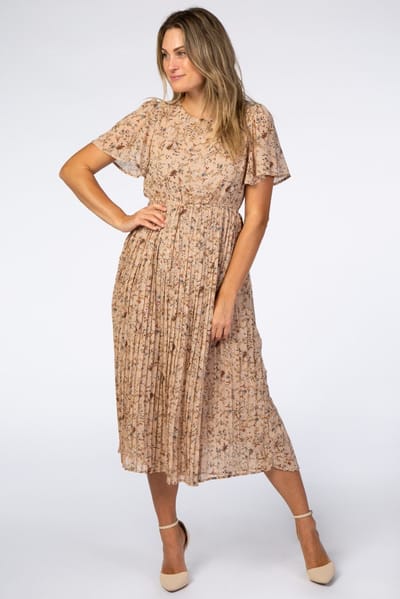 Hayden Beige Floral Pleated Chiffon Midi Dress