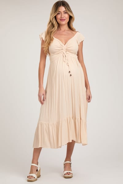 Rhea + Thea Beige Smocked Ruched Ruffle Hem Maternity Maxi Dress