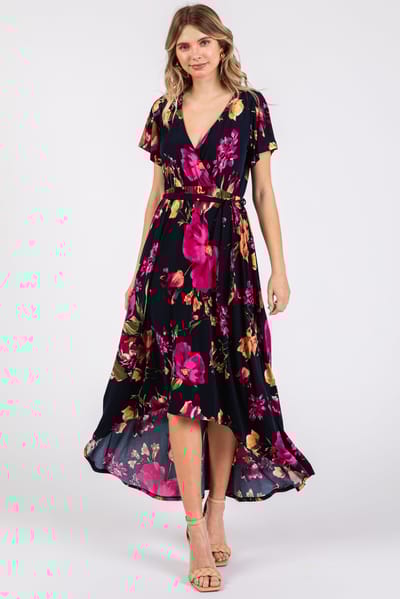 Tua Navy Blue Floral Print Wrap Front V-Neck Hi-Low Midi Dress