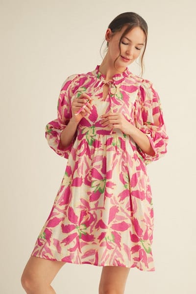 Jodifl Fuchsia Abstract Floral Front Tie 3/4 Sleeve Dress