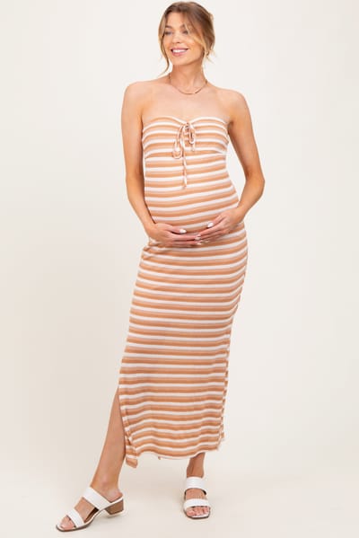 PinkBlush Camel Striped Knit Strapless Side Slit Maternity Maxi Dress