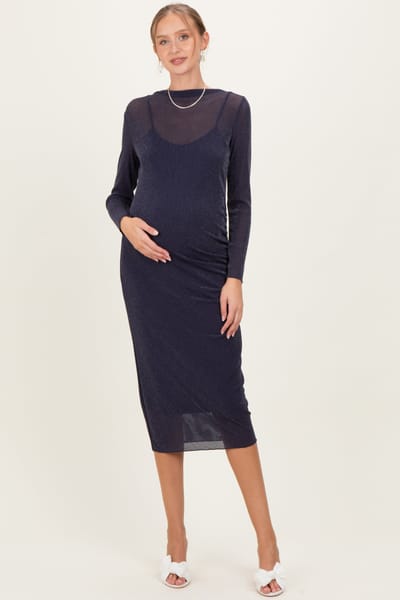 PinkBlush Navy Shimmer Mesh Long Sleeve Ruched Maternity Midi Dress
