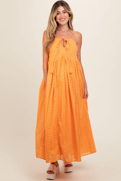 PinkBlush Orange Embroidered Tassel Tie Maternity Maxi Dress